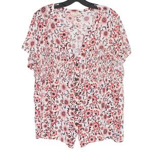 Floral Boho Peasant Top Button Up Flowy Plus Size 2X Cottagecore Chiffon Sheer